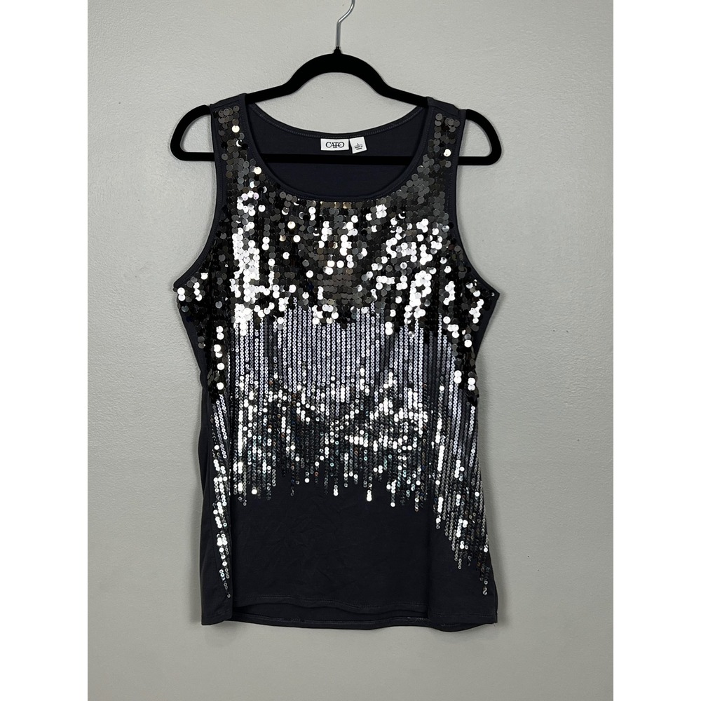 Cato Women Large Gray Sequin Tank Top Sleeveless Scoop Neck Shimmer Party Blouse